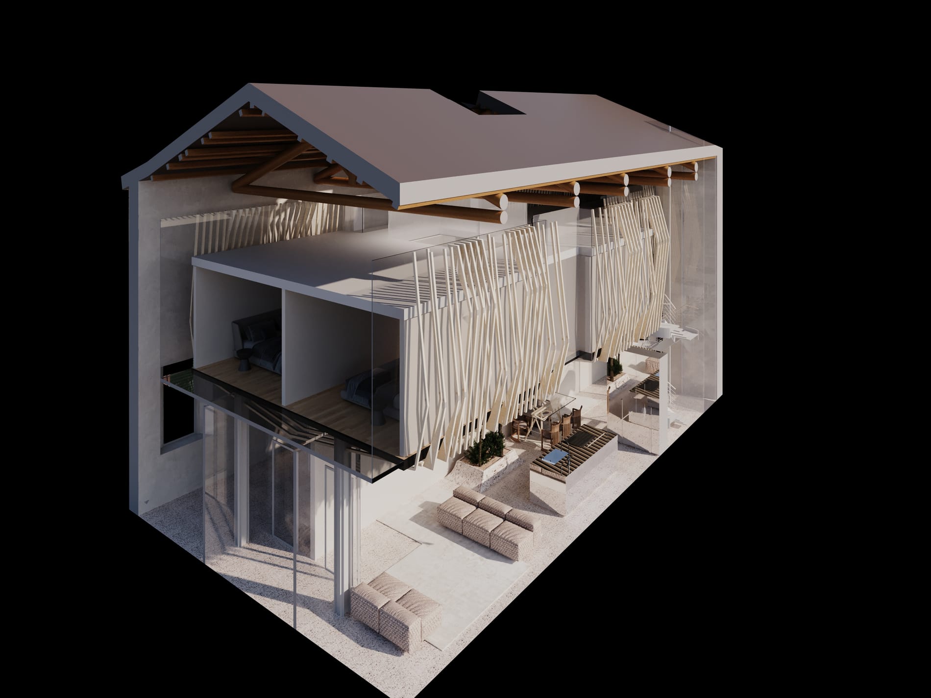 Spaccato della residenza: volumi su più livelli, doppia altezza, terrazzo e verde